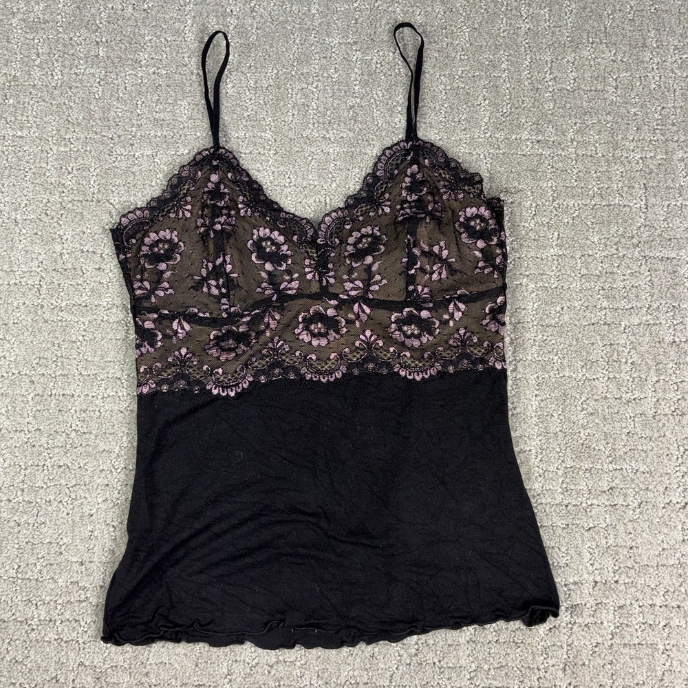 Samantha Chang Pink Black Lace Trim Cami Top S Coquette Whimsigoth Babydoll Y2K